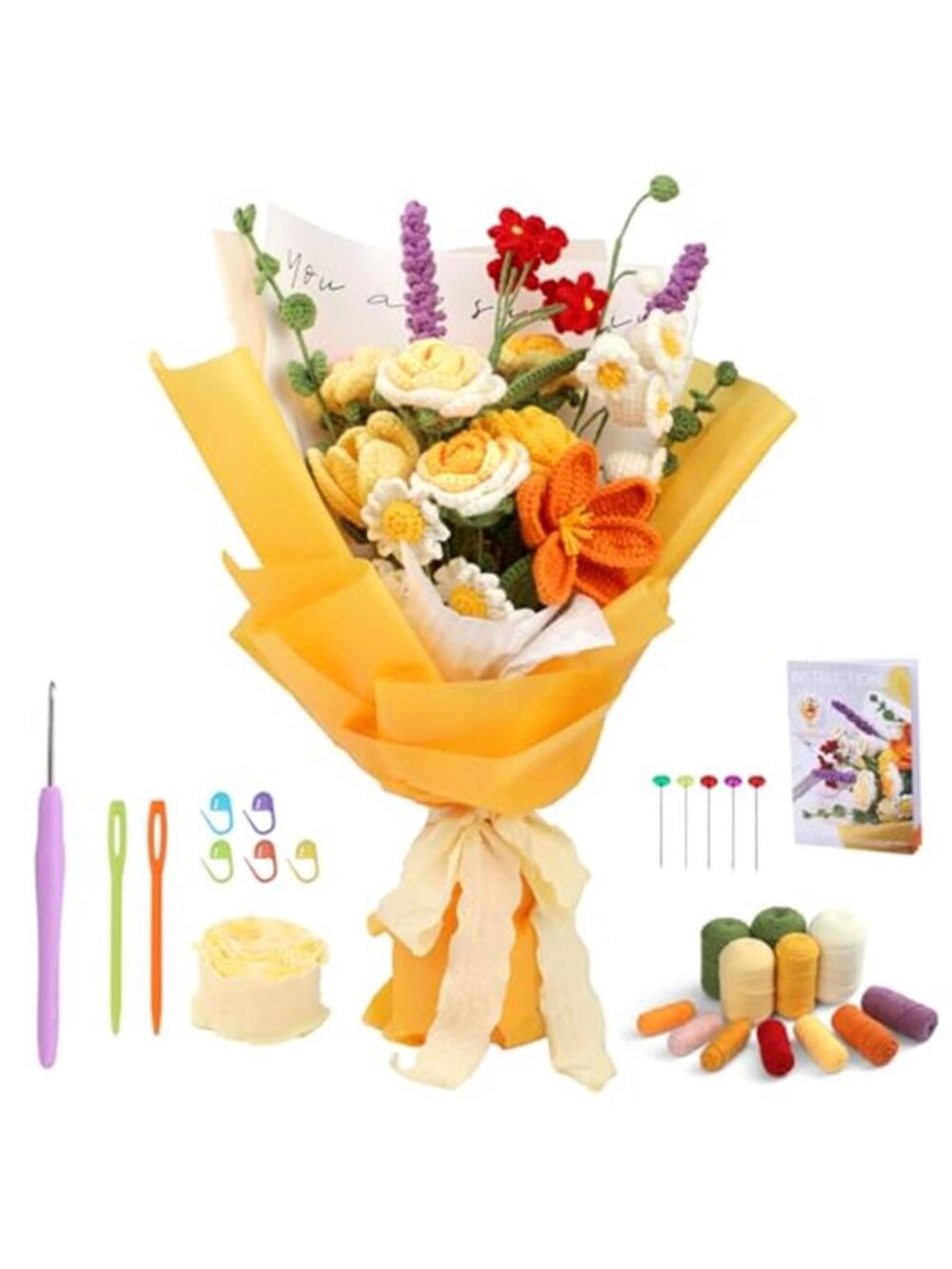 Crochet Kit for Beginners Flower Bouquet Rose DIY Knitting Yarn Craft Gift Set